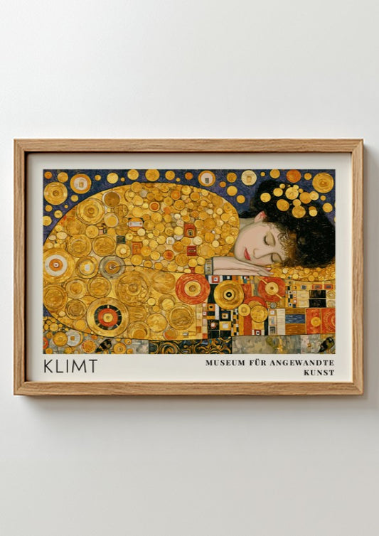 Wall art print of Klimt's Das Leben featuring golden spirals and intricate patterns