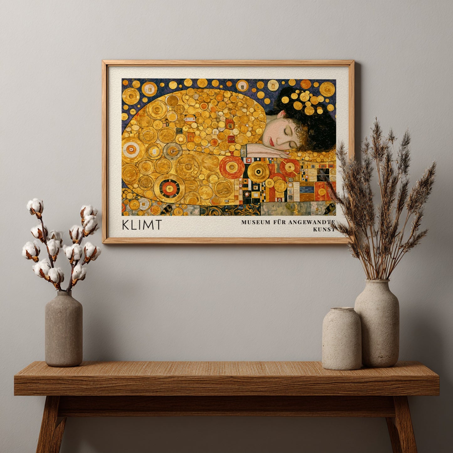 Wall art print of Klimt's Das Leben featuring golden spirals and intricate patterns