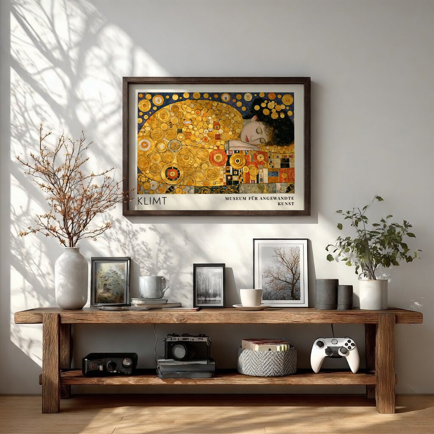 Wall art print of Klimt's Das Leben featuring golden spirals and intricate patterns