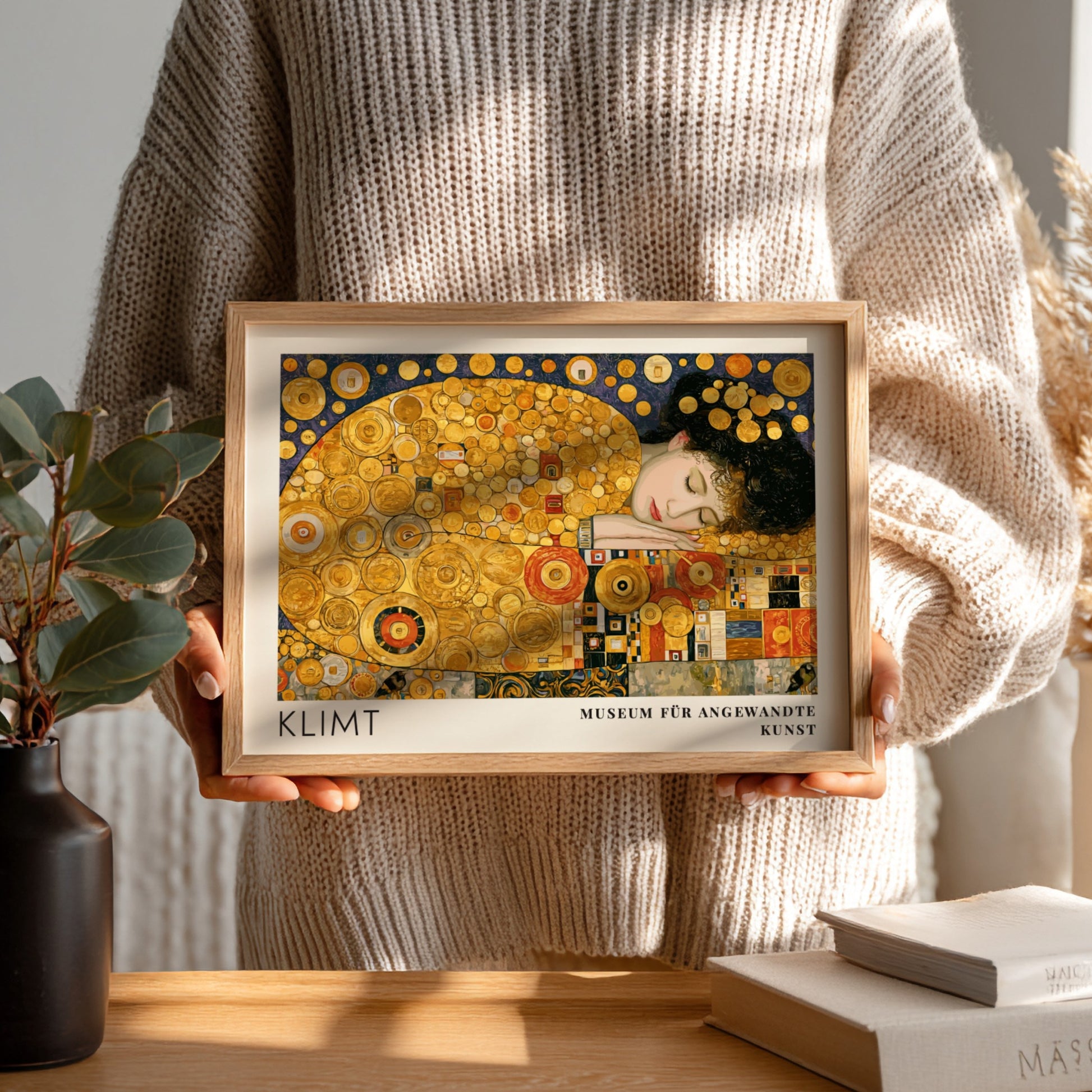 Wall art print of Klimt's Das Leben featuring golden spirals and intricate patterns