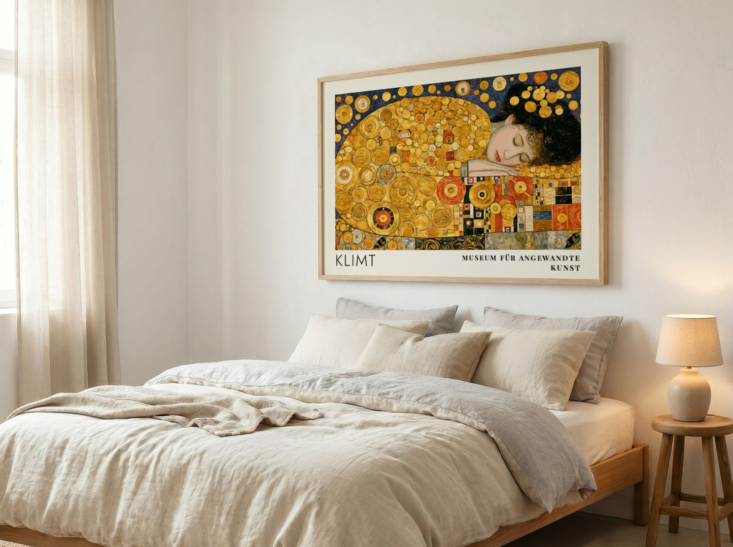 Wall art print of Klimt's Das Leben featuring golden spirals and intricate patterns