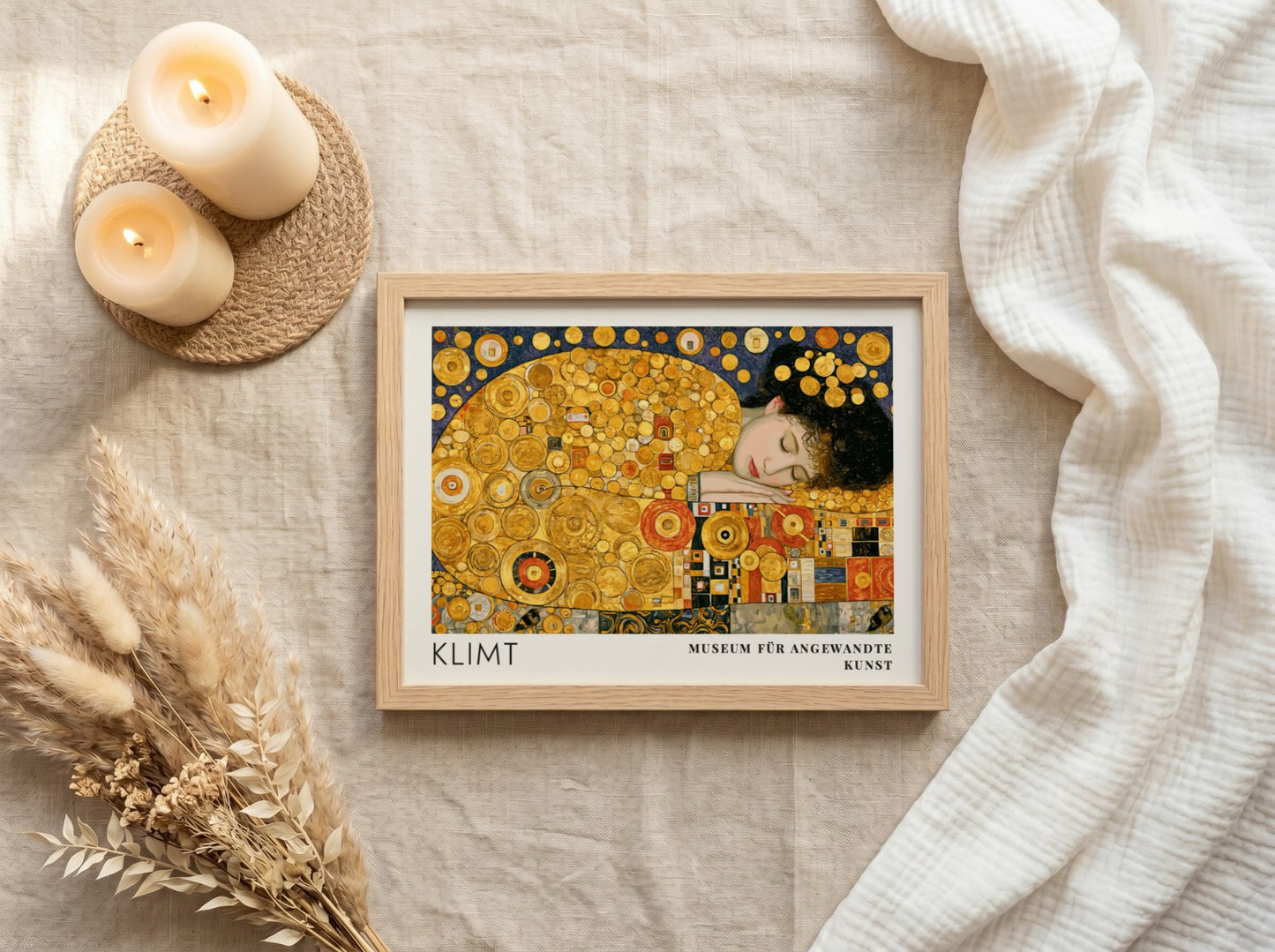 Wall art print of Klimt's Das Leben featuring golden spirals and intricate patterns