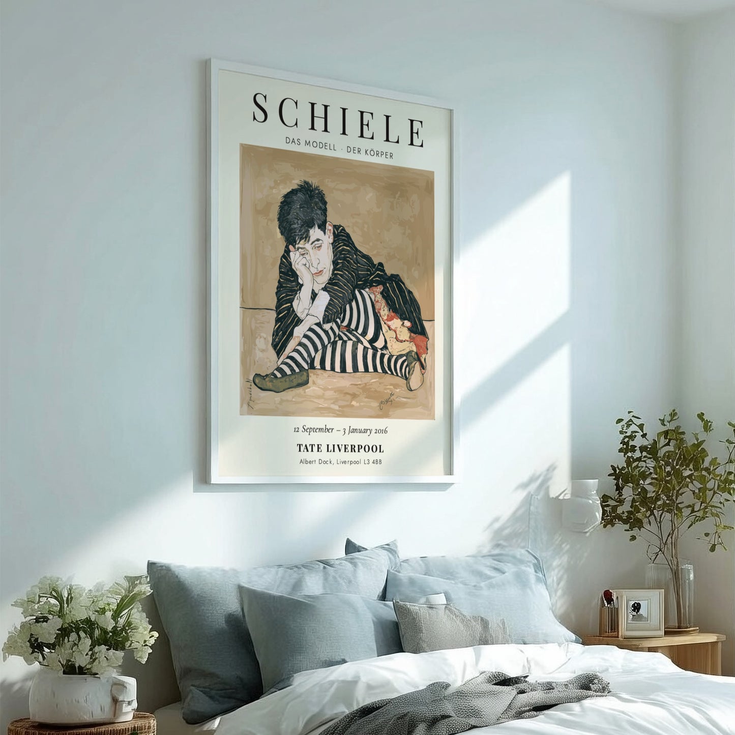 Egon Schiele exhibition poster featuring Das Modell - Der Körper with bold colors and expressionist style.