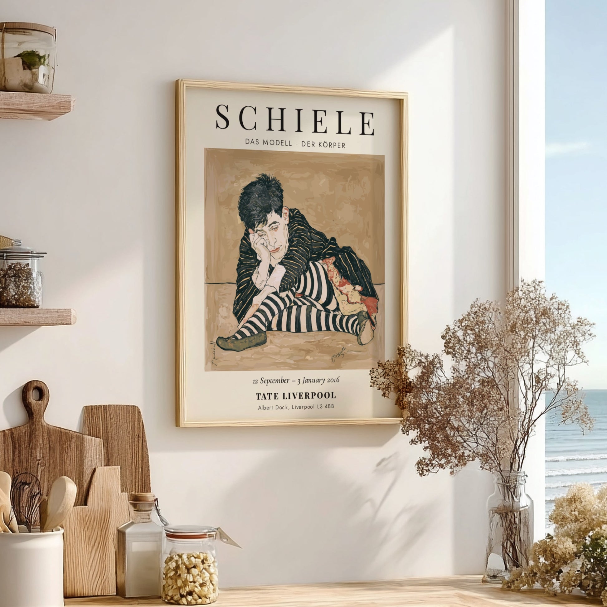 Egon Schiele exhibition poster featuring Das Modell - Der Körper with bold colors and expressionist style.