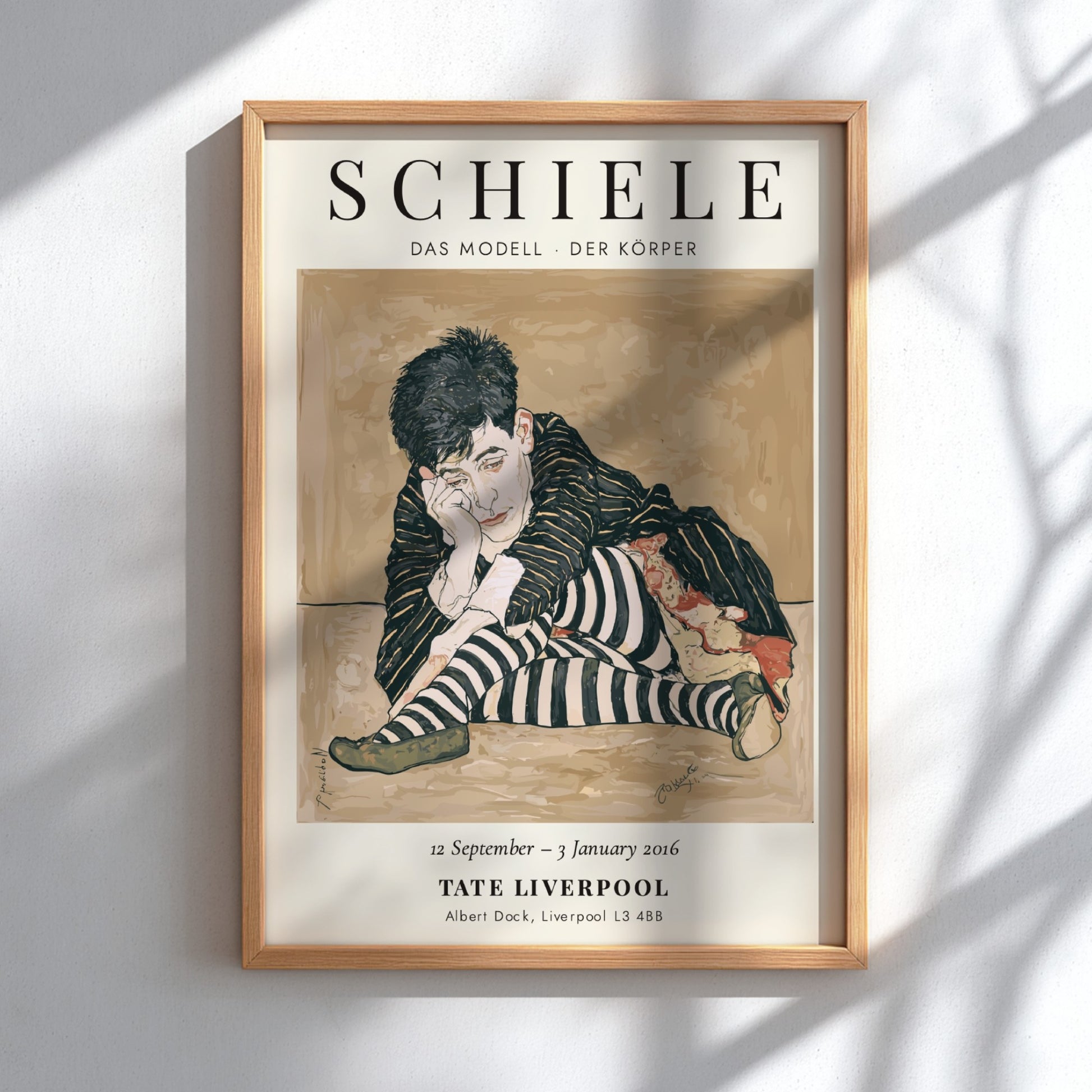 Egon Schiele exhibition poster featuring Das Modell - Der Körper with bold colors and expressionist style.
