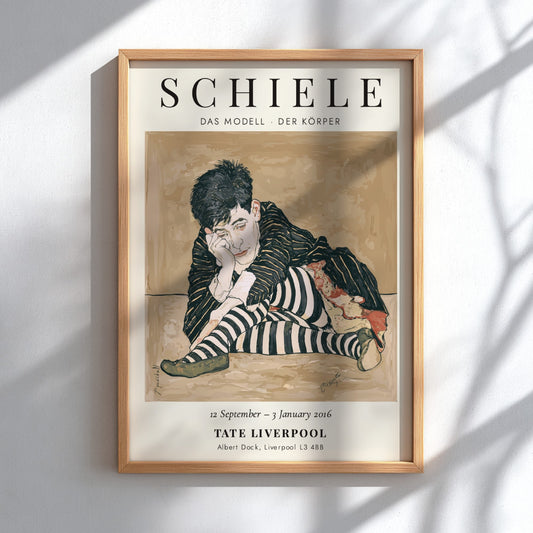 Egon Schiele exhibition poster featuring Das Modell - Der Körper with bold colors and expressionist style.