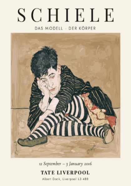 Egon Schiele exhibition poster featuring Das Modell - Der Körper with bold colors and expressionist style.