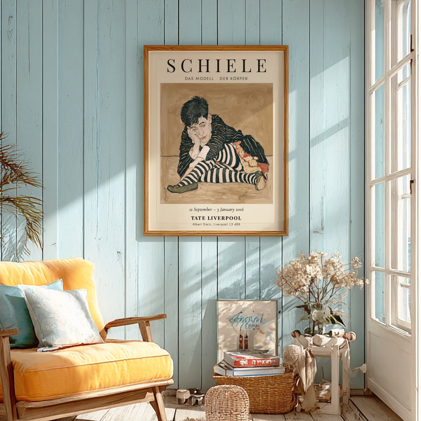 Egon Schiele exhibition poster featuring Das Modell - Der Körper with bold colors and expressionist style.