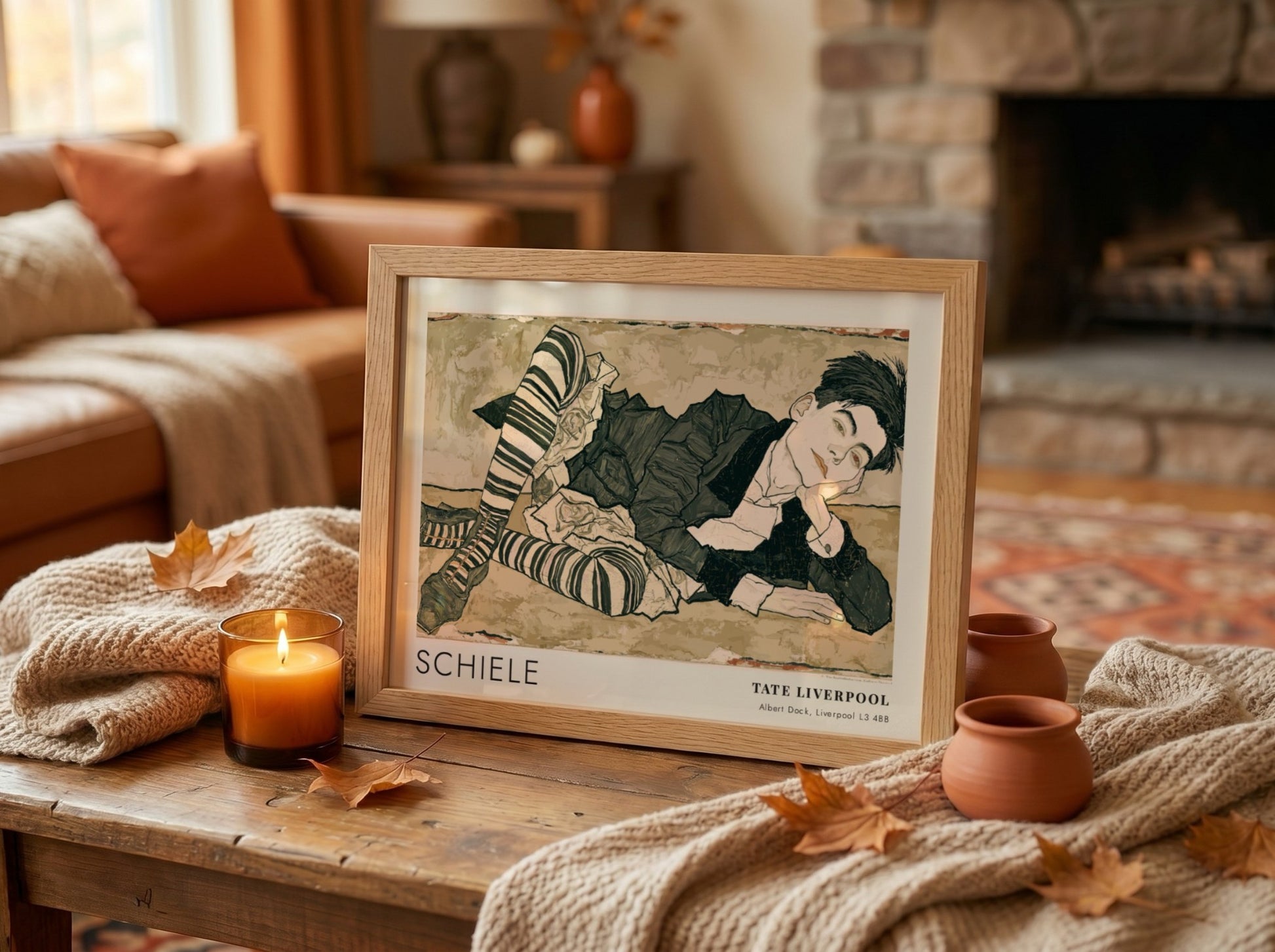 Wall art poster featuring an Egon Schiele portrait with striped stockings and text.