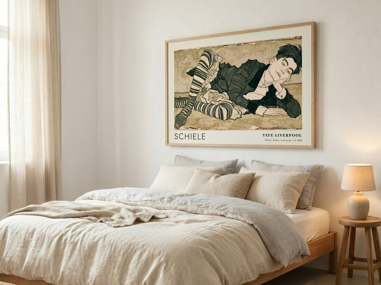 Wall art poster featuring an Egon Schiele portrait with striped stockings and text.