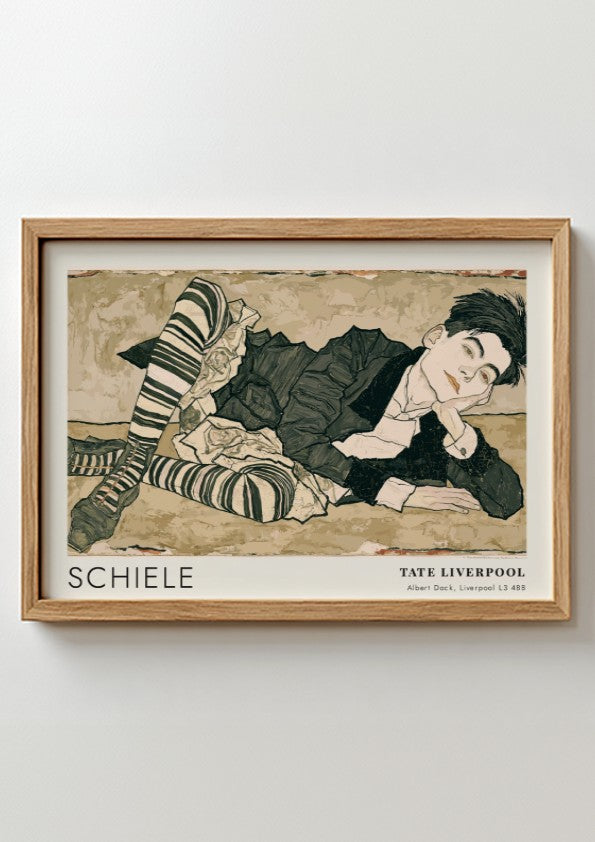 Wall art poster featuring an Egon Schiele portrait with striped stockings and text.