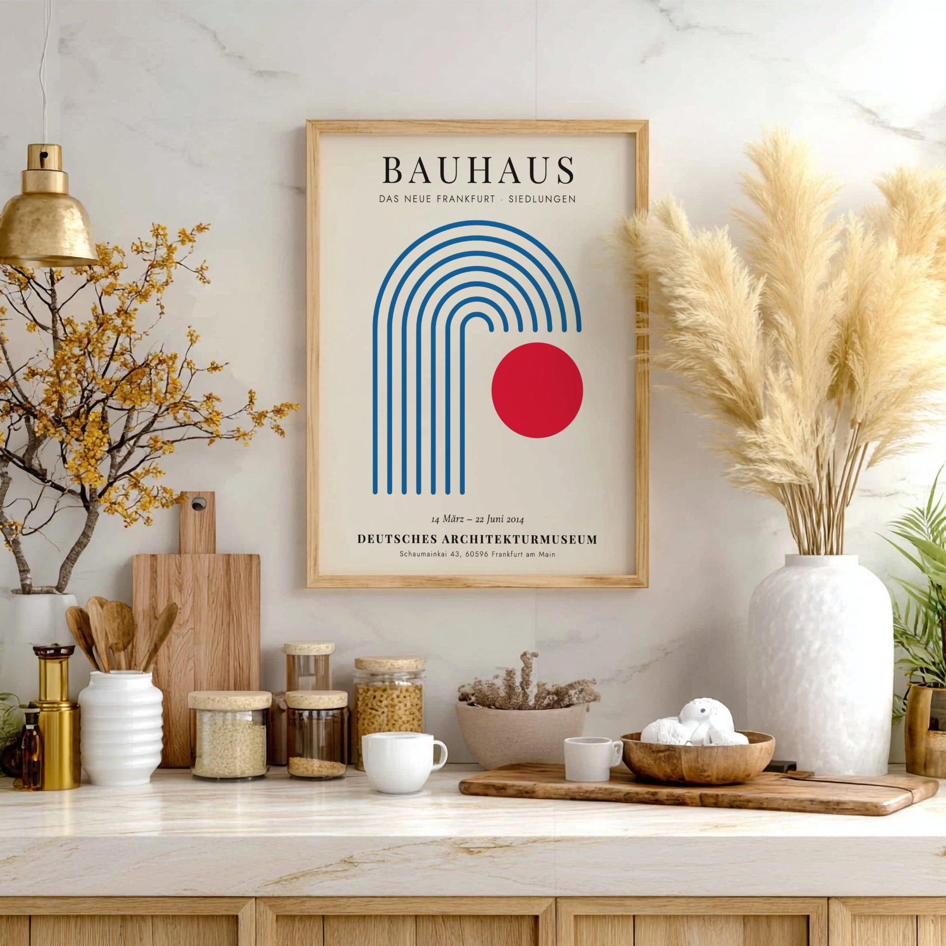 Bauhaus poster featuring geometric shapes and a red circle, modern design art