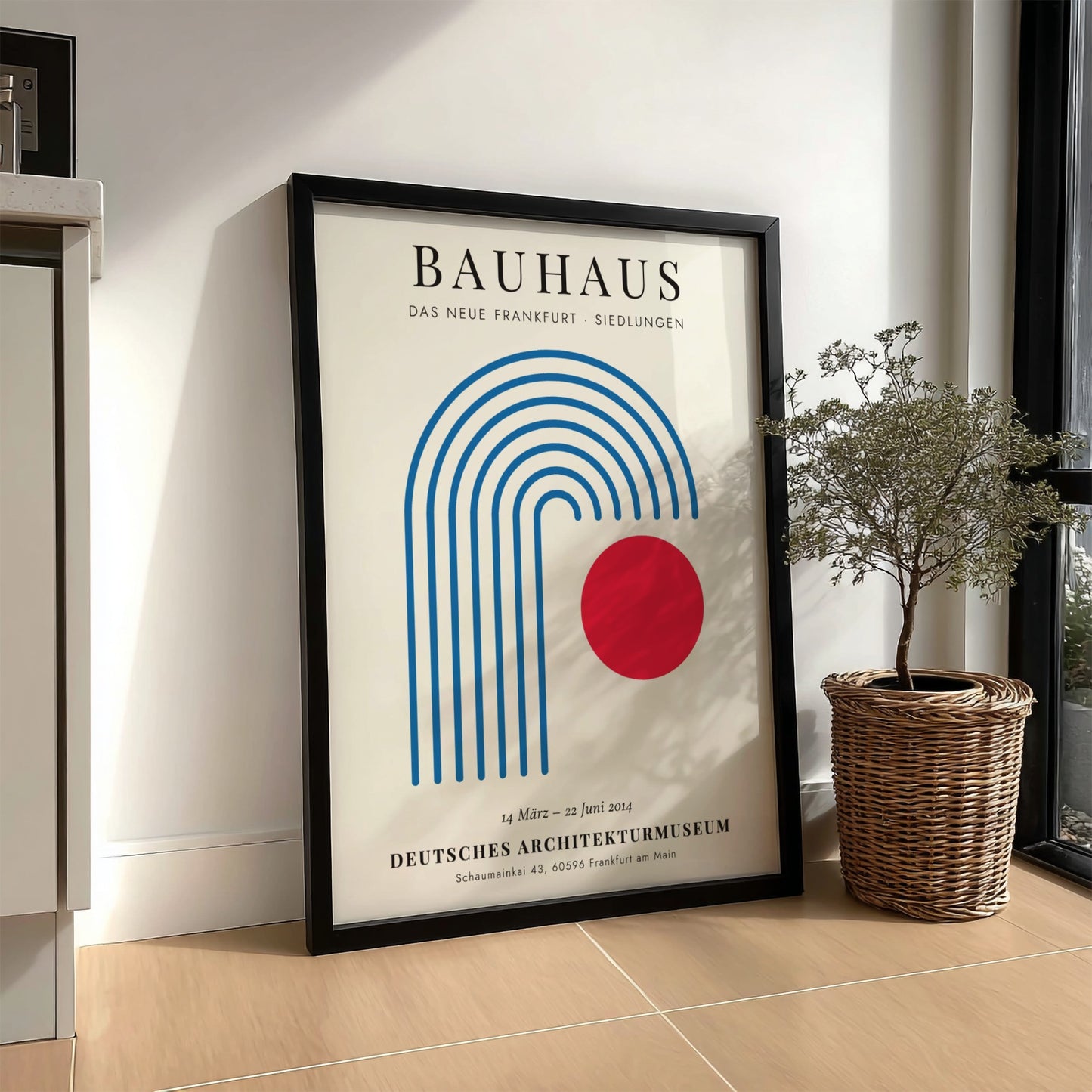 Bauhaus poster featuring geometric shapes and a red circle, modern design art
