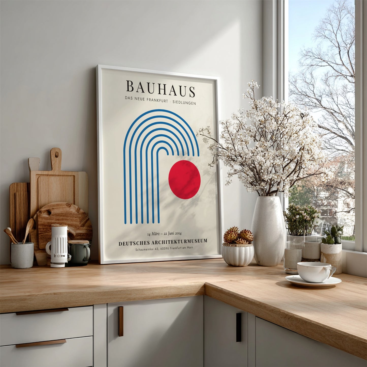 Bauhaus poster featuring geometric shapes and a red circle, modern design art