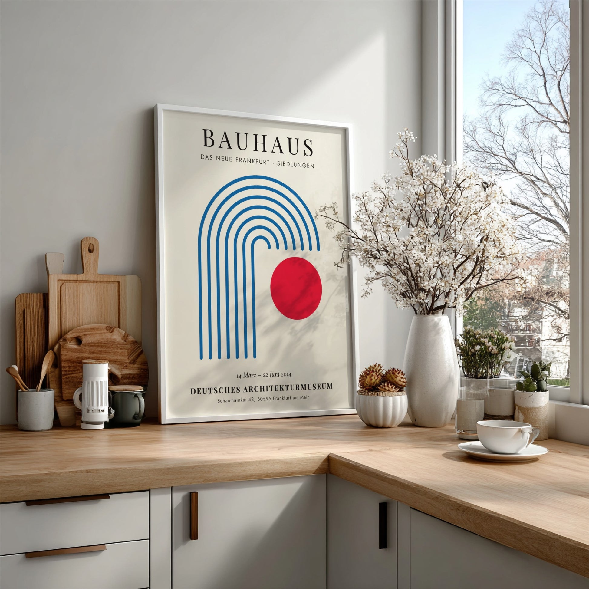 Bauhaus poster featuring geometric shapes and a red circle, modern design art