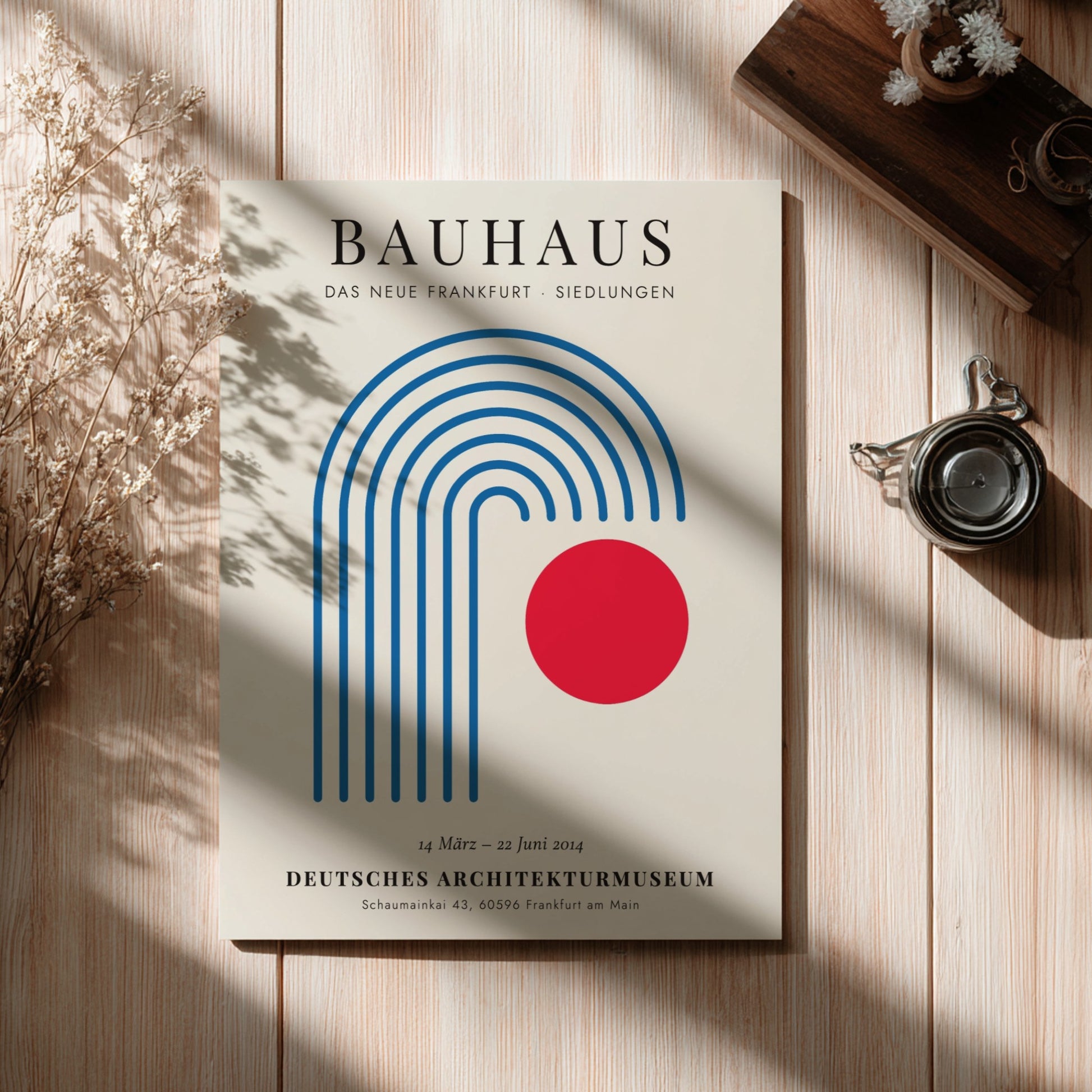 Bauhaus poster featuring geometric shapes and a red circle, modern design art