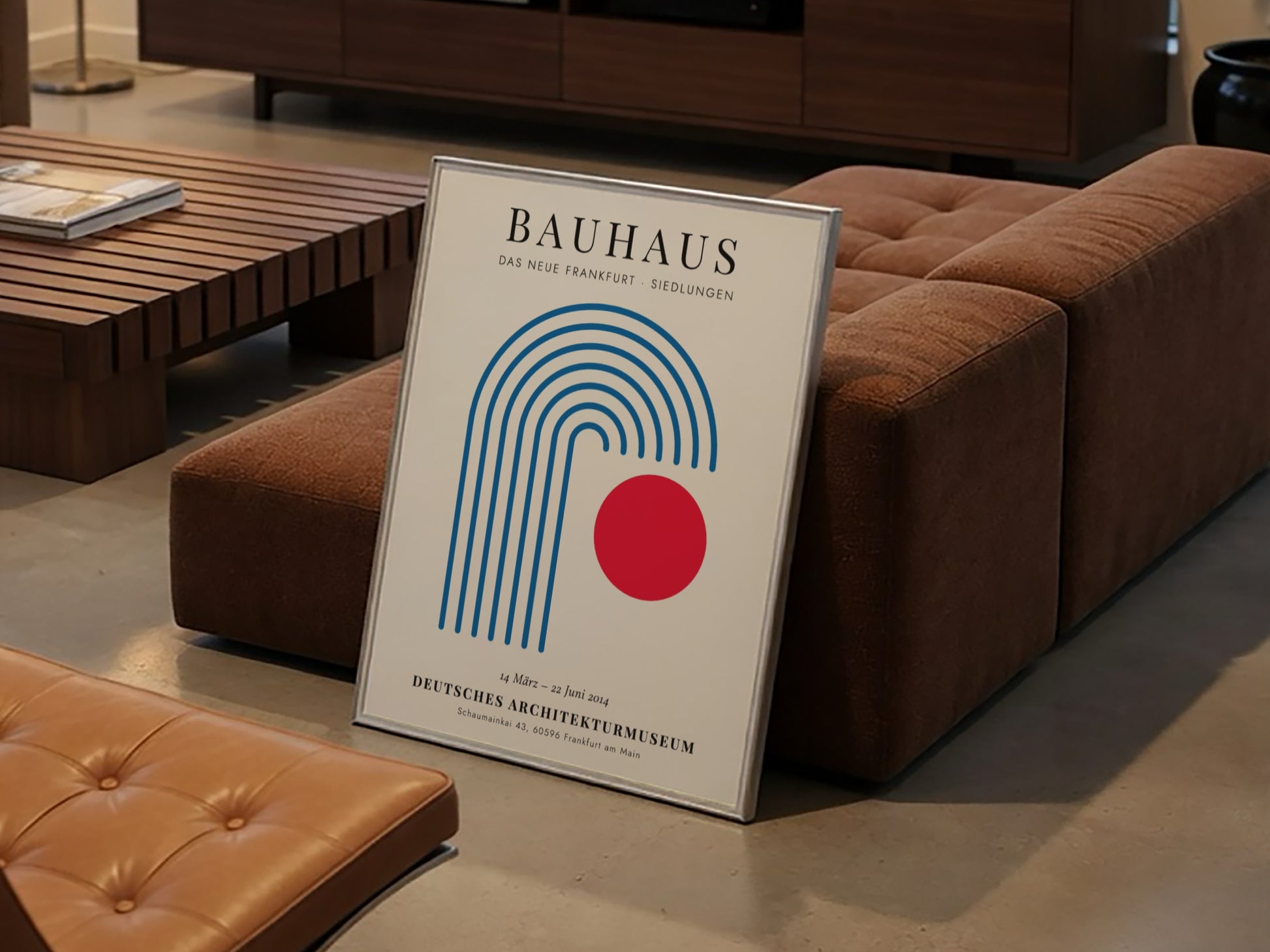 Bauhaus poster featuring geometric shapes and a red circle, modern design art