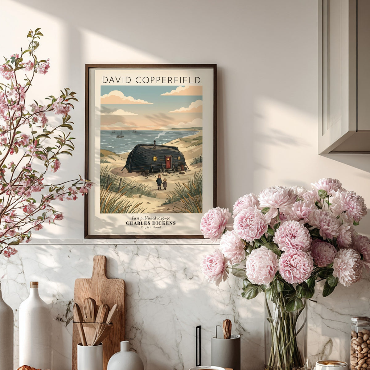 Poster of a boat house on a beach with two children standing outside