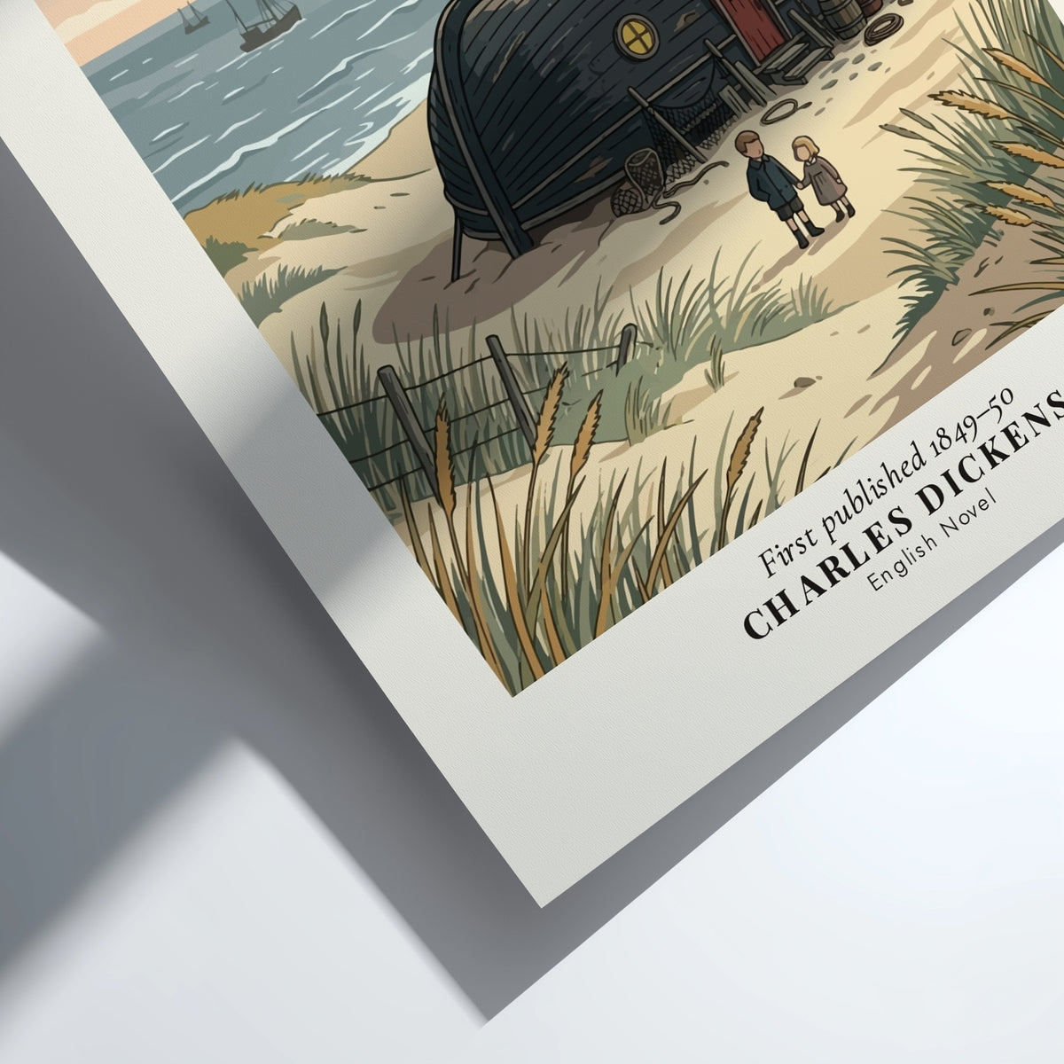 Poster of a boat house on a beach with two children standing outside