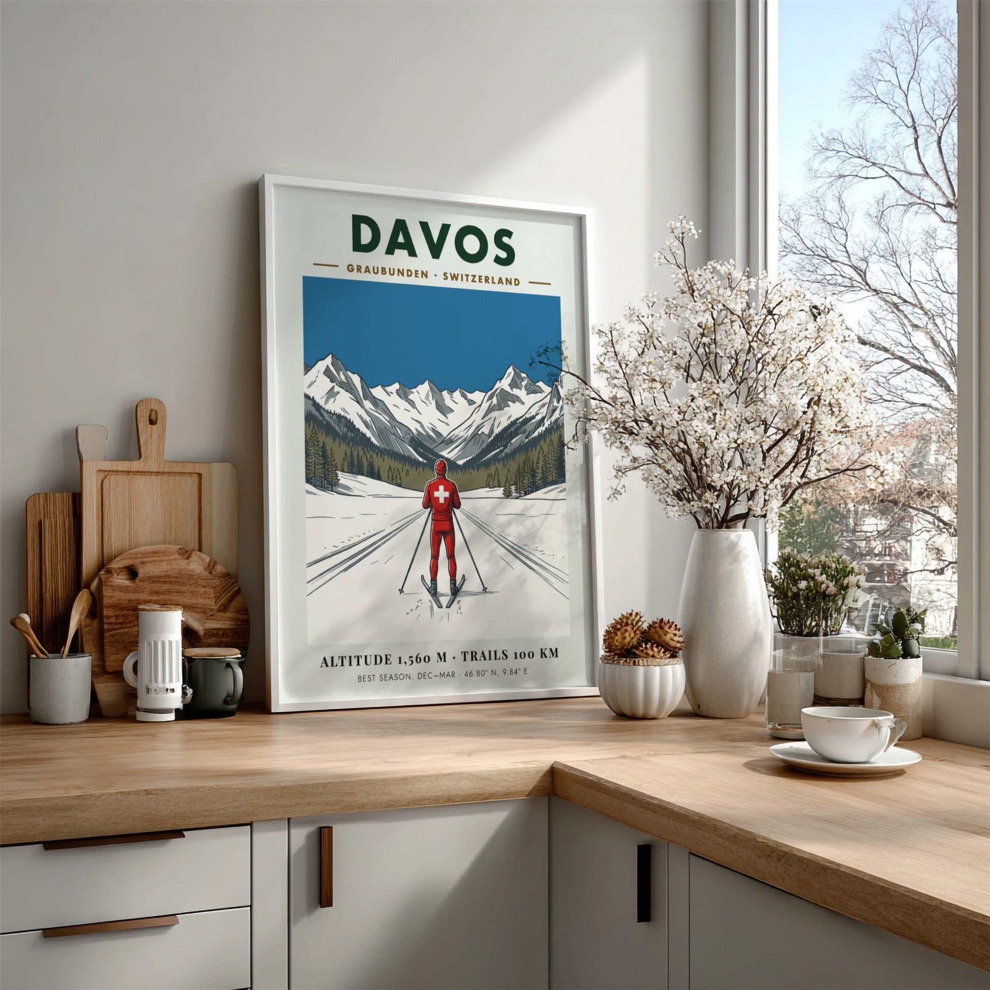 Poster of a skier in Davos Switzerland with snow mountains and blue sky