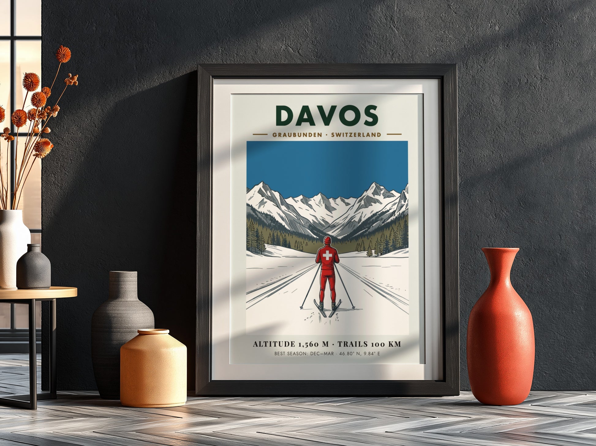 Poster of a skier in Davos Switzerland with snow mountains and blue sky