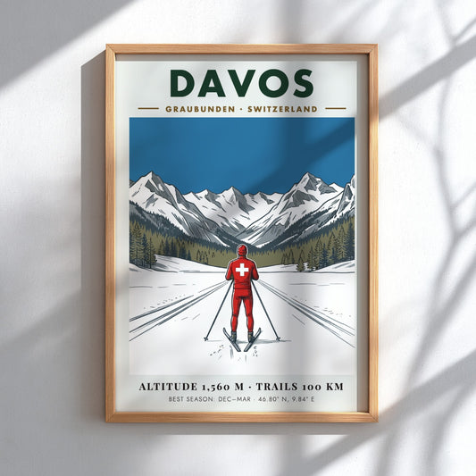 Poster of a skier in Davos Switzerland with snow mountains and blue sky