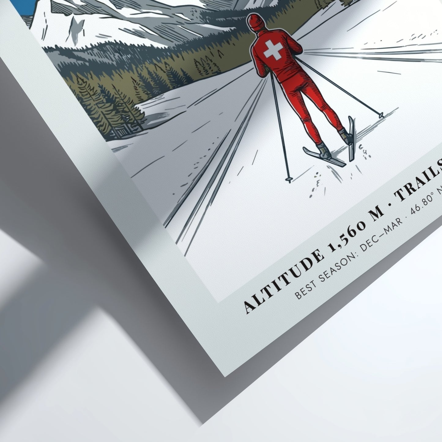 Poster of a skier in Davos Switzerland with snow mountains and blue sky