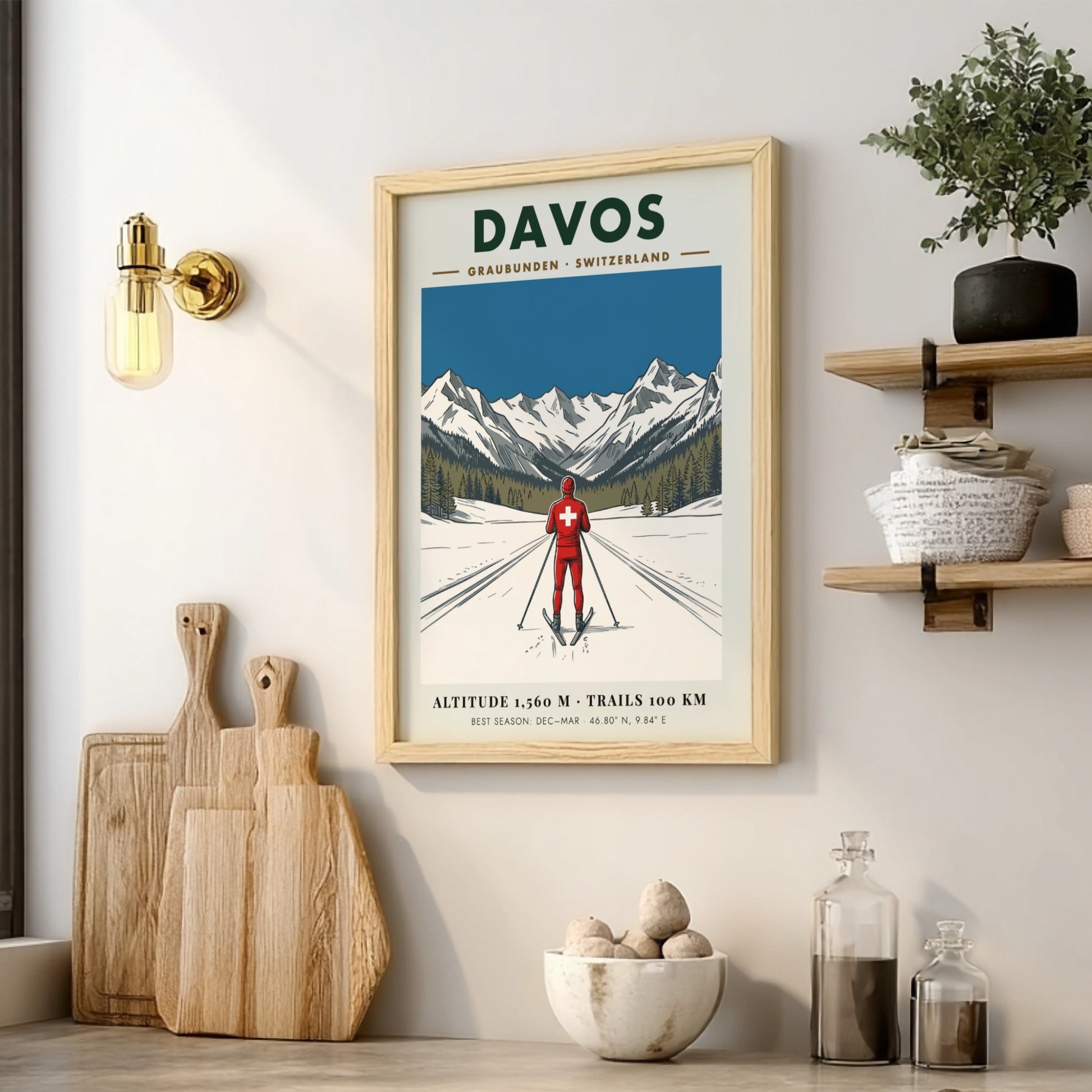 Poster of a skier in Davos Switzerland with snow mountains and blue sky