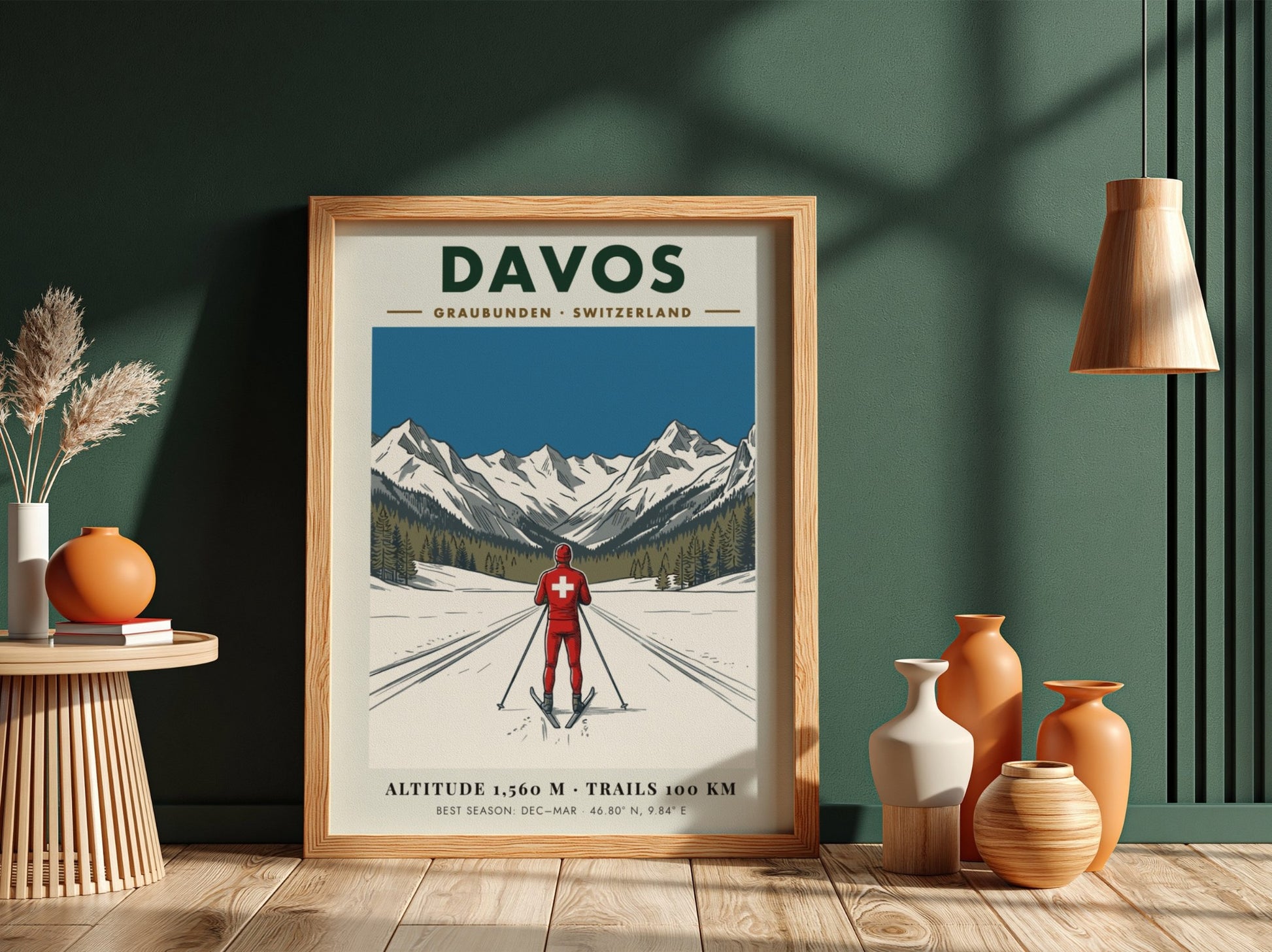 Poster of a skier in Davos Switzerland with snow mountains and blue sky