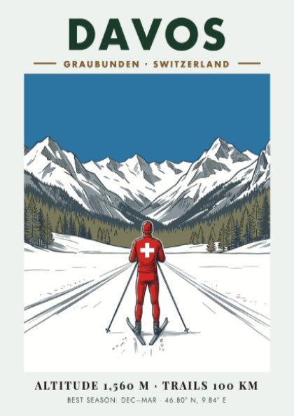 Poster of a skier in Davos Switzerland with snow mountains and blue sky