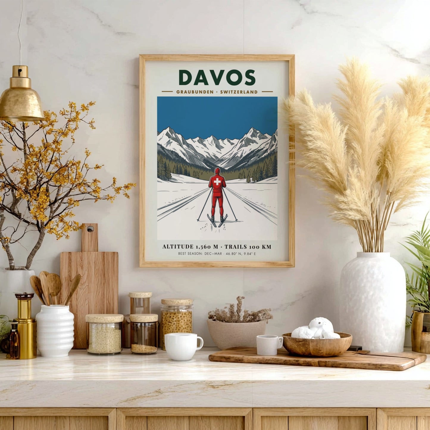 Poster of a skier in Davos Switzerland with snow mountains and blue sky