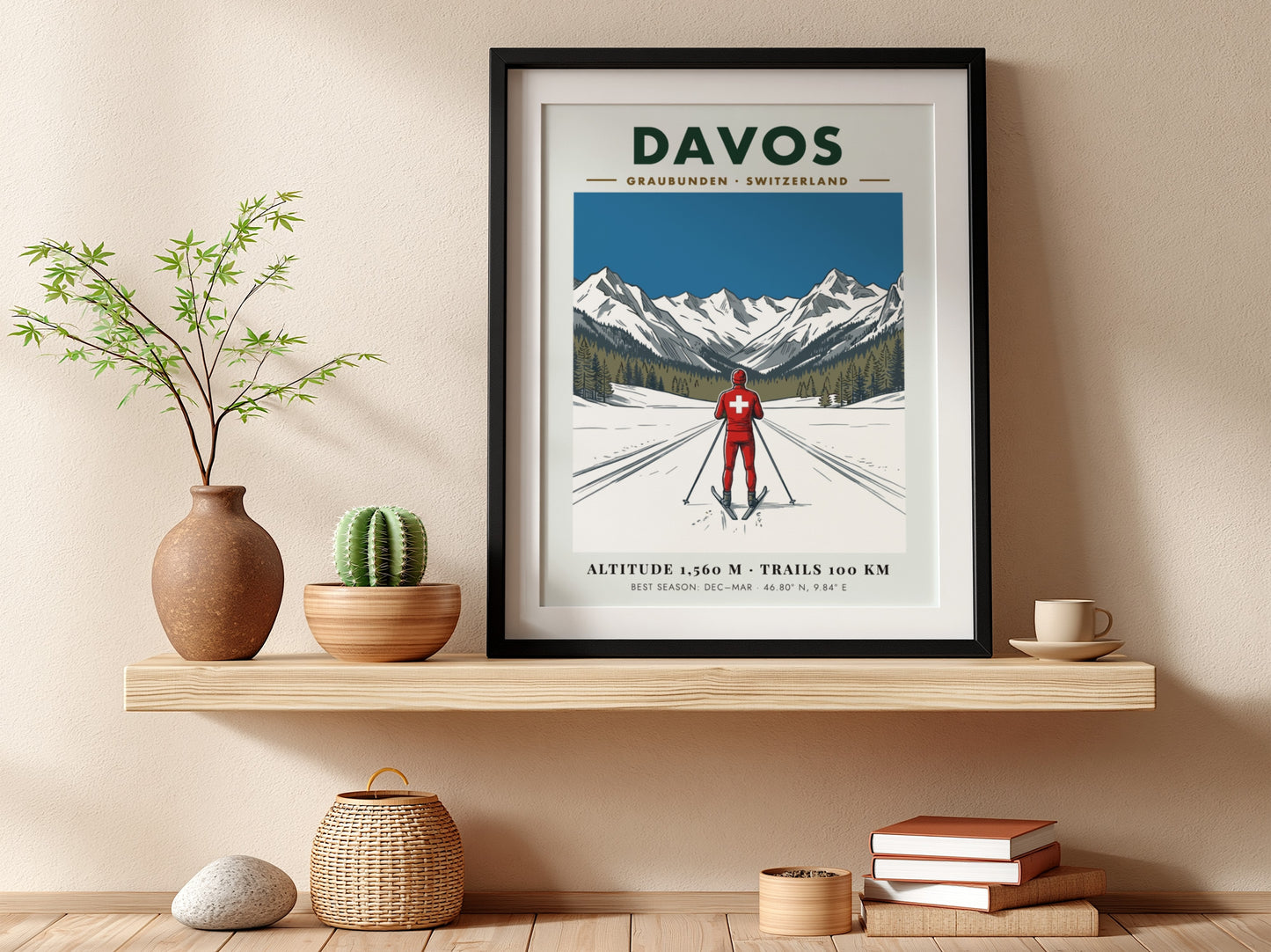 Poster of a skier in Davos Switzerland with snow mountains and blue sky