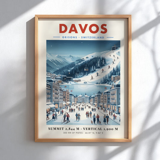 Davos ski resort poster featuring skiers, snow-covered chalets, and mountains in a vintage style