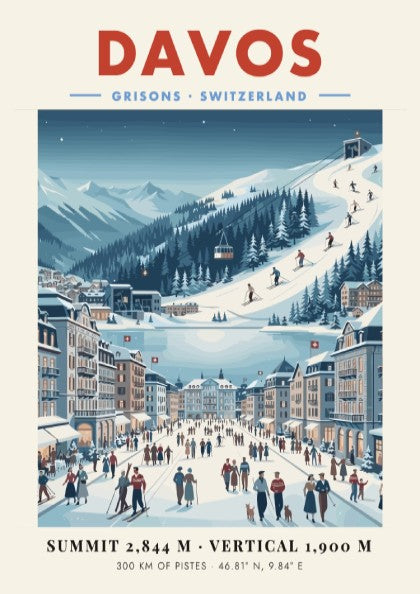 Davos ski resort poster featuring skiers, snow-covered chalets, and mountains in a vintage style