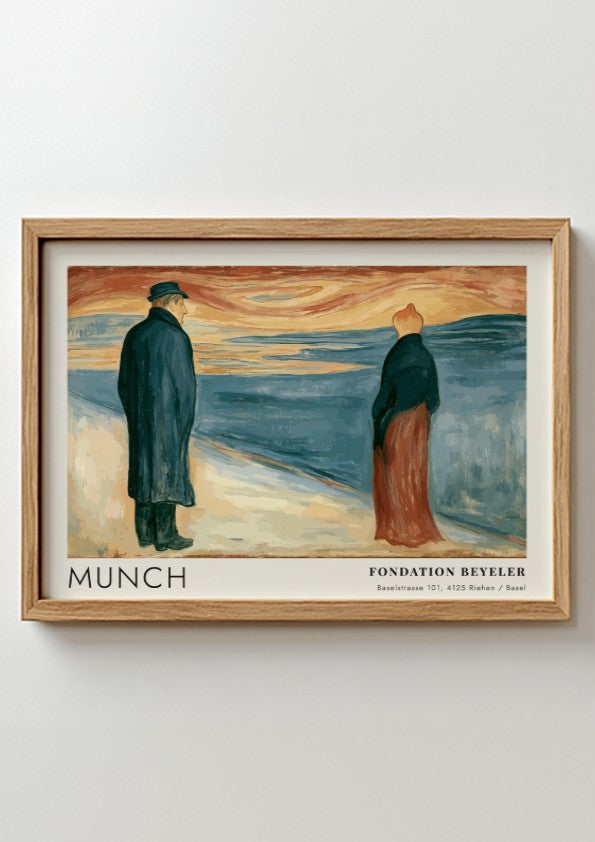 Exhibition poster featuring Edvard Munch painting of two lonely figures by the sea