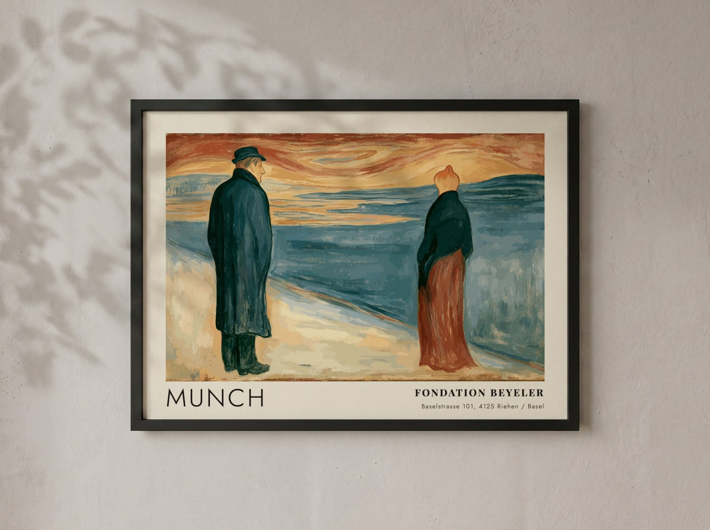 Exhibition poster featuring Edvard Munch painting of two lonely figures by the sea