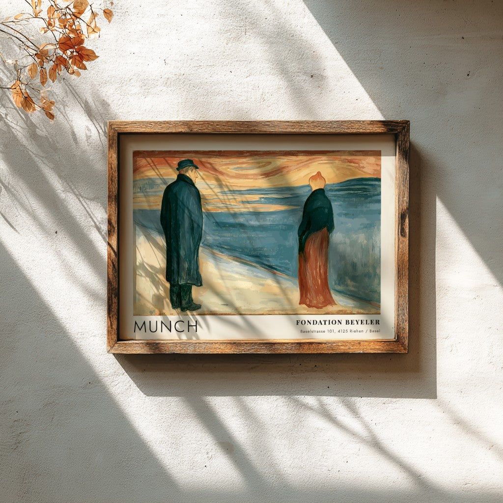 Exhibition poster featuring Edvard Munch painting of two lonely figures by the sea