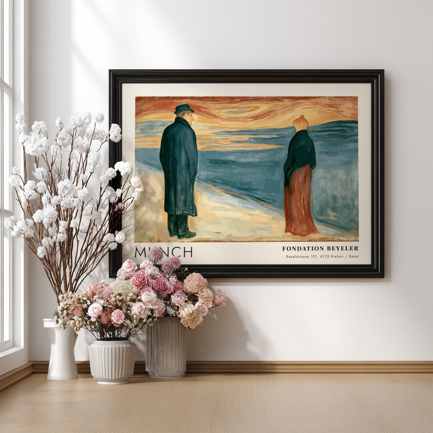 Exhibition poster featuring Edvard Munch painting of two lonely figures by the sea