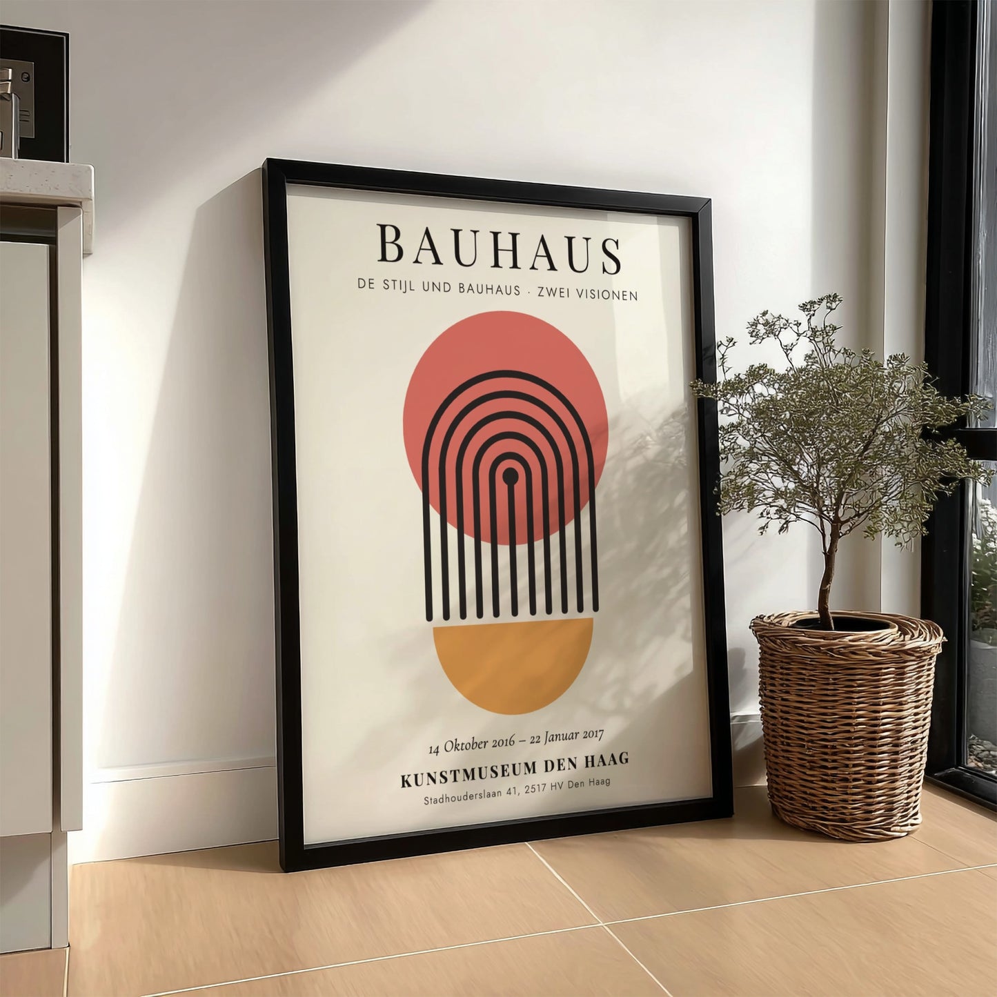 Bauhaus poster featuring geometric shapes and a warm color palette, modern design for wall decor