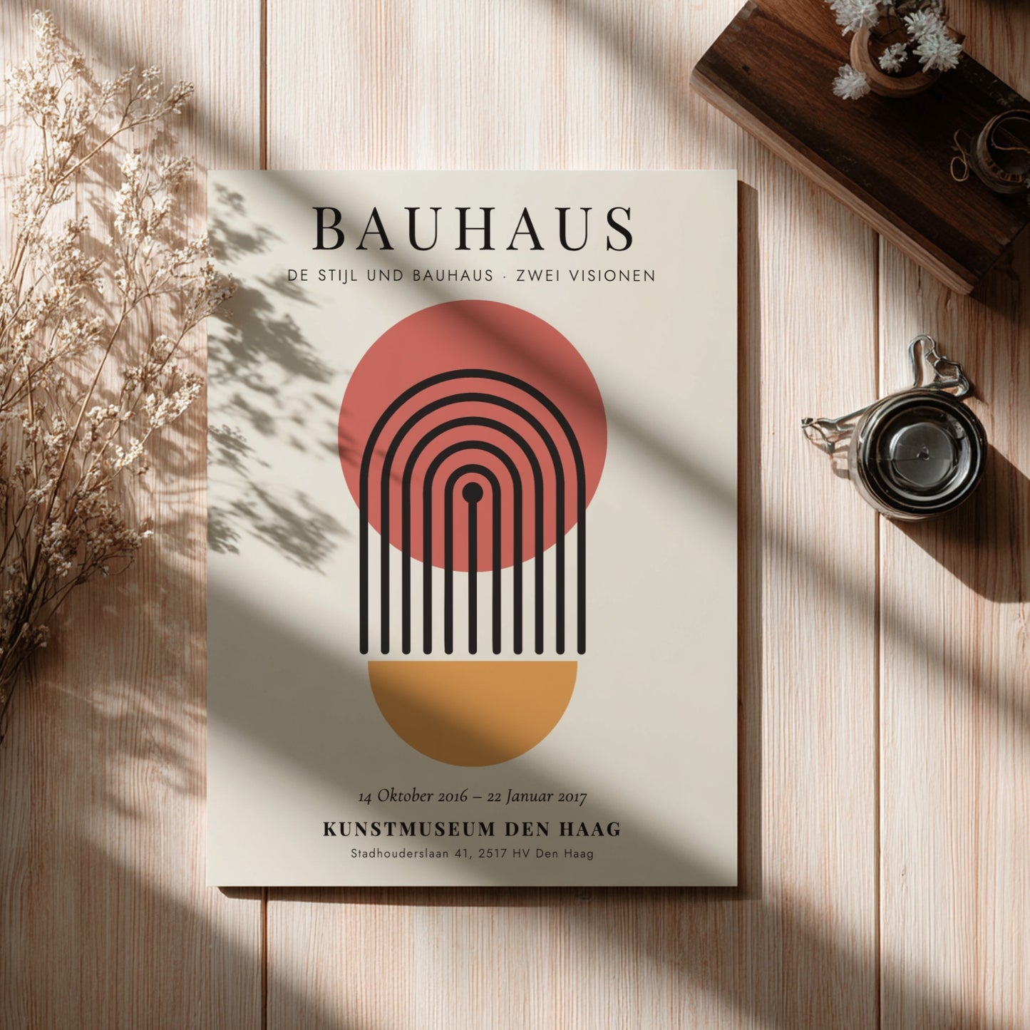 Bauhaus poster featuring geometric shapes and a warm color palette, modern design for wall decor