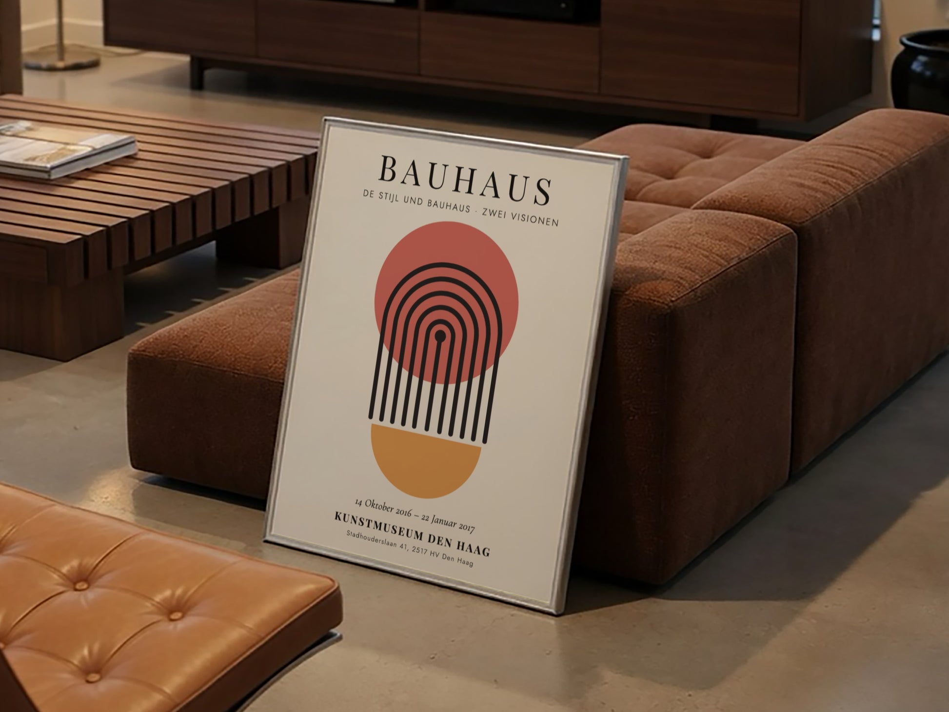 Bauhaus poster featuring geometric shapes and a warm color palette, modern design for wall decor