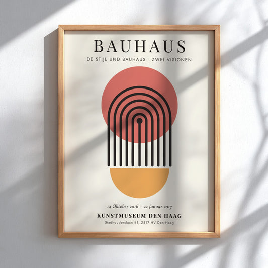 Bauhaus poster featuring geometric shapes and a warm color palette, modern design for wall decor