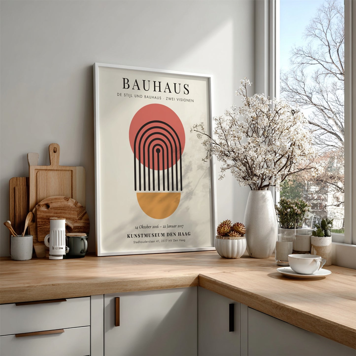 Bauhaus poster featuring geometric shapes and a warm color palette, modern design for wall decor