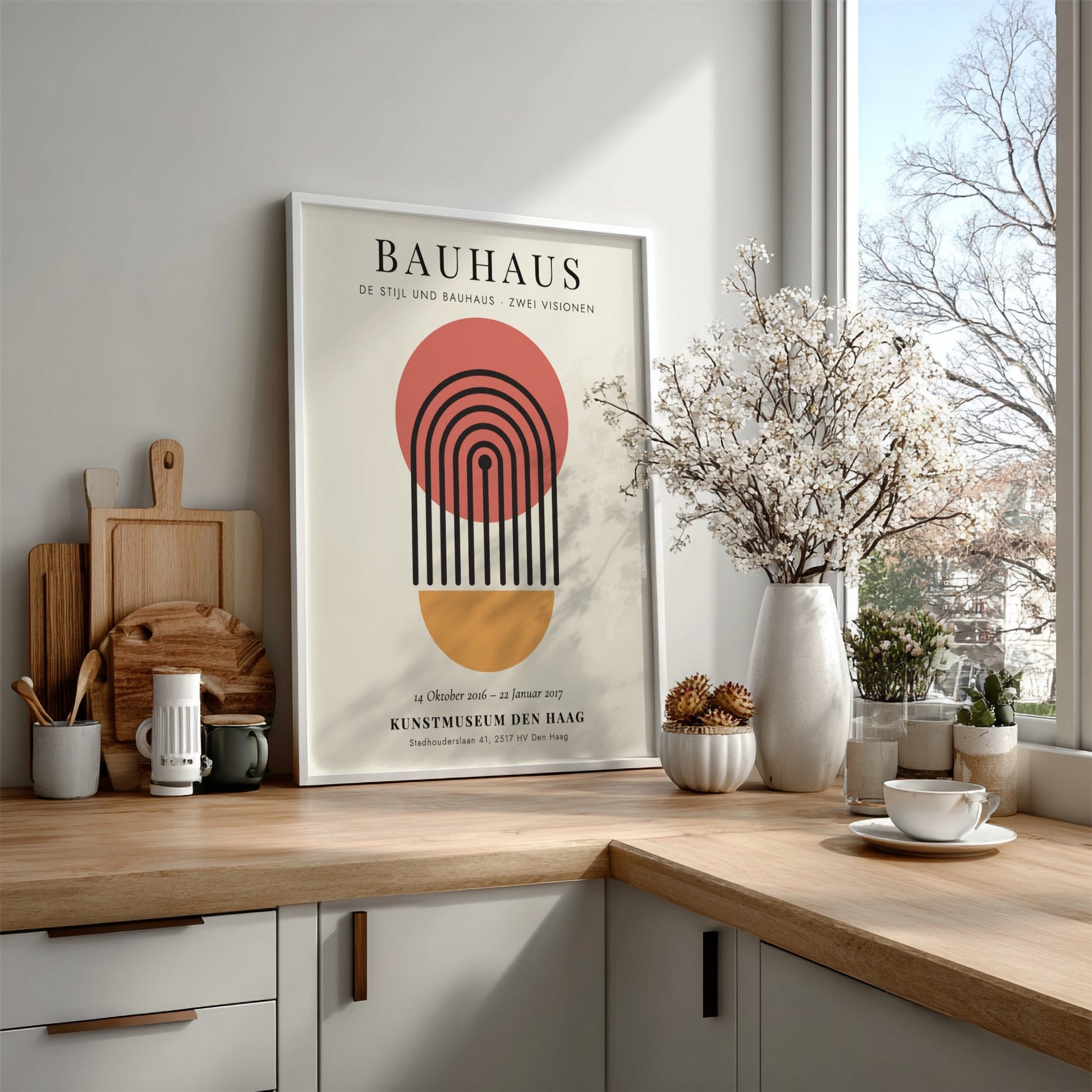 Bauhaus poster featuring geometric shapes and a warm color palette, modern design for wall decor
