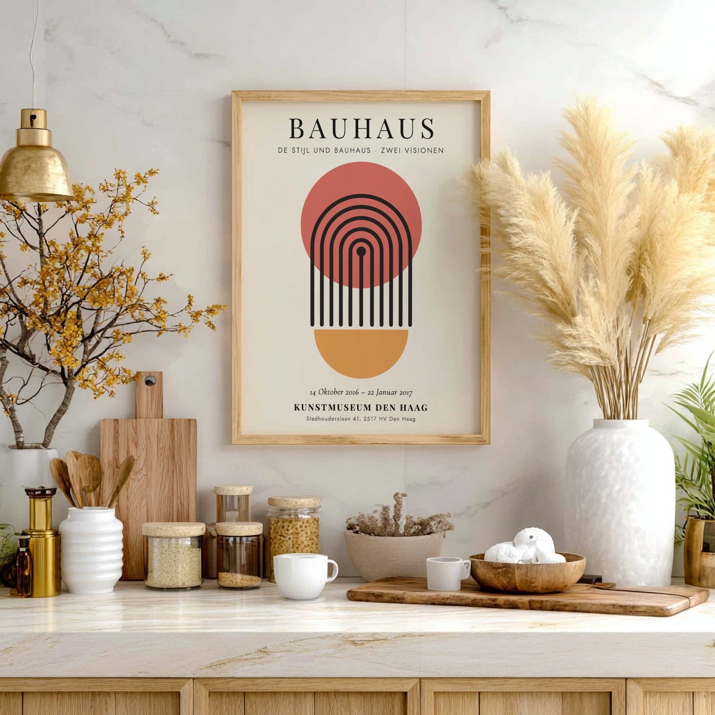 Bauhaus poster featuring geometric shapes and a warm color palette, modern design for wall decor