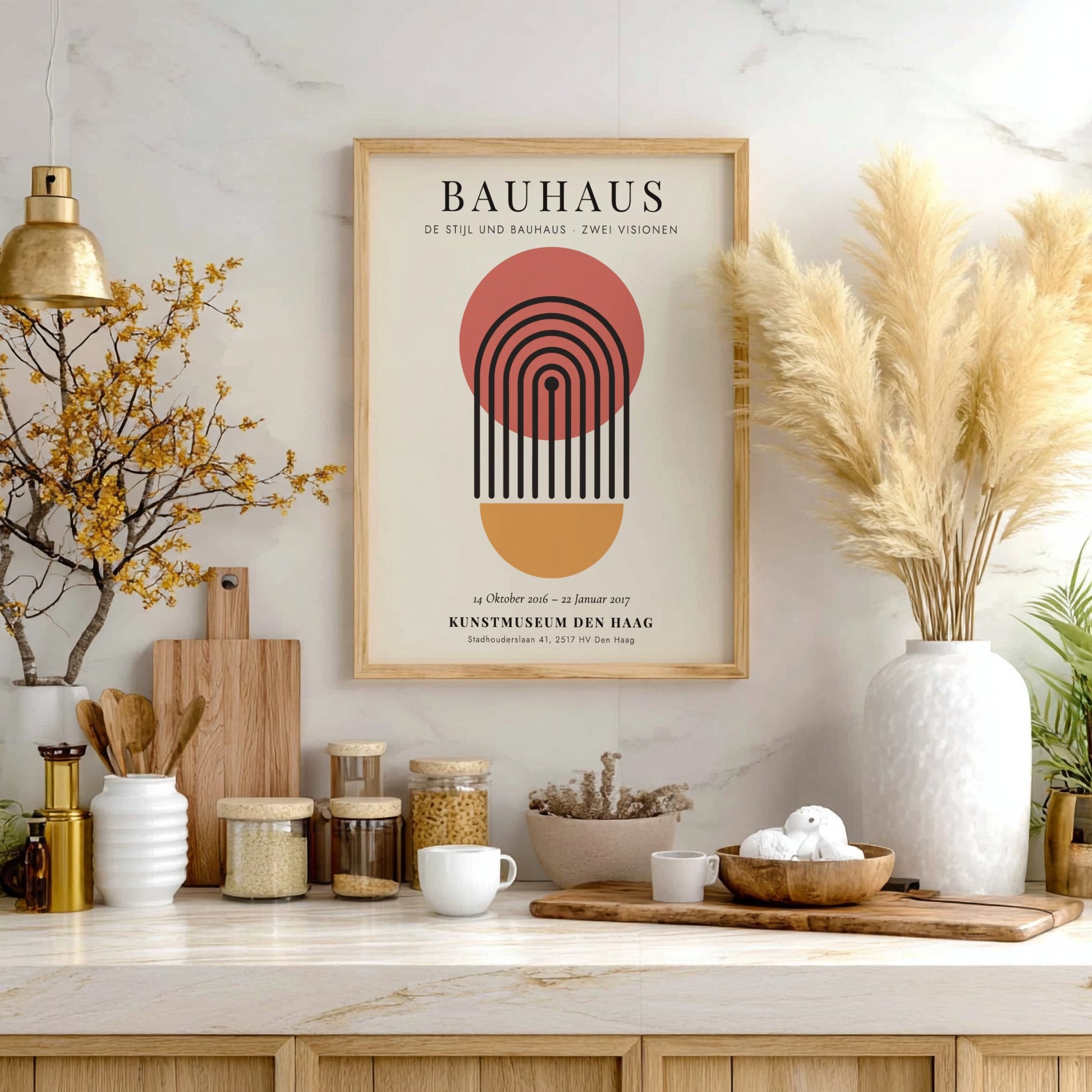 Bauhaus poster featuring geometric shapes and a warm color palette, modern design for wall decor