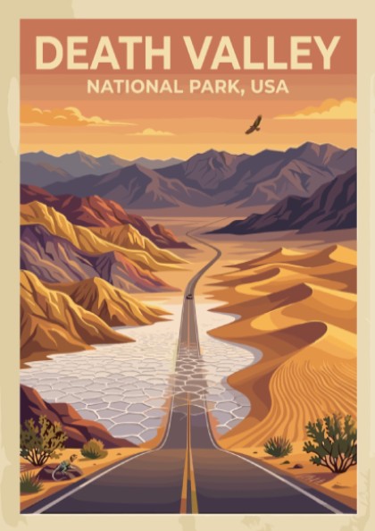Travel poster of Death Valley National Park featuring a desert road and mountains.