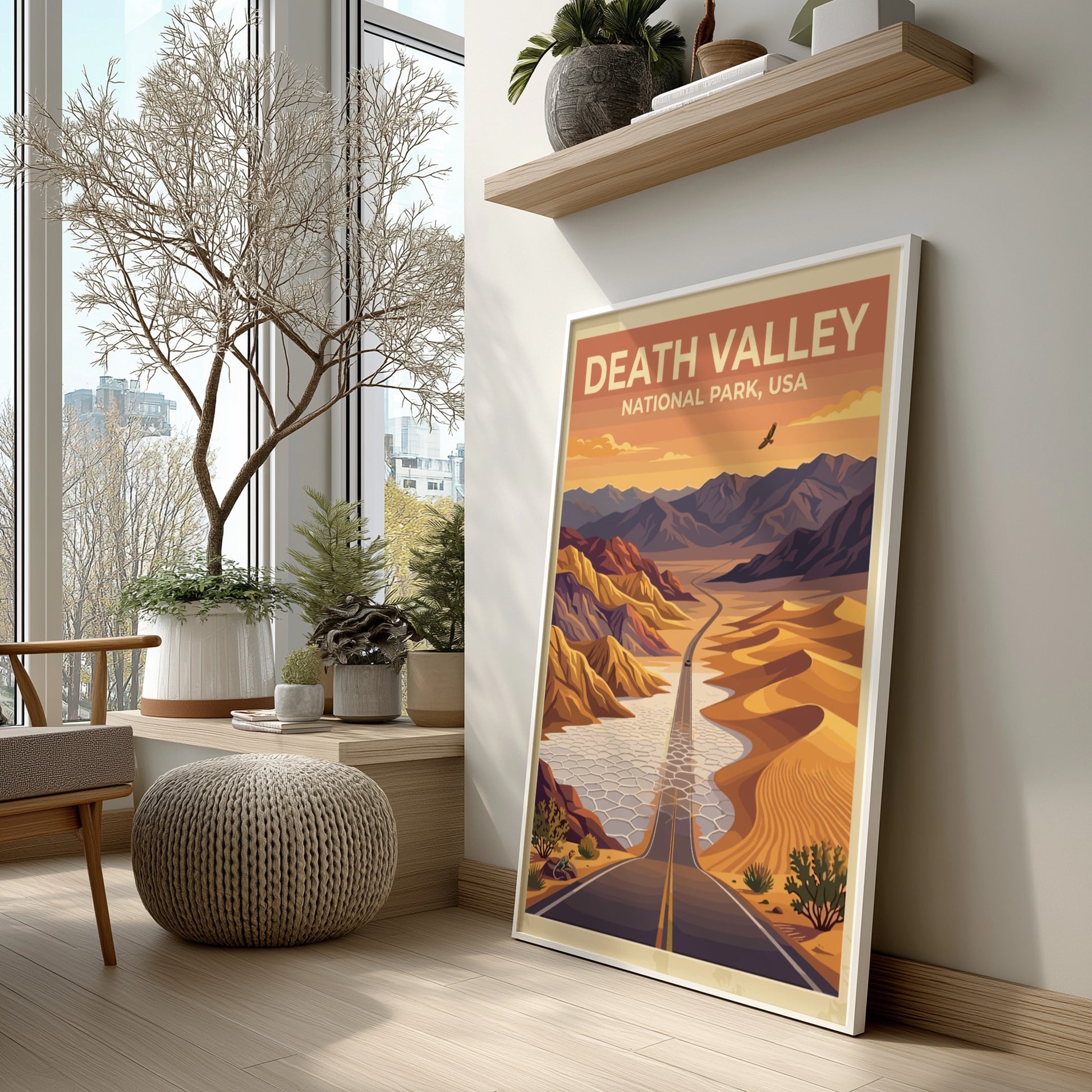 Travel poster of Death Valley National Park featuring a desert road and mountains.