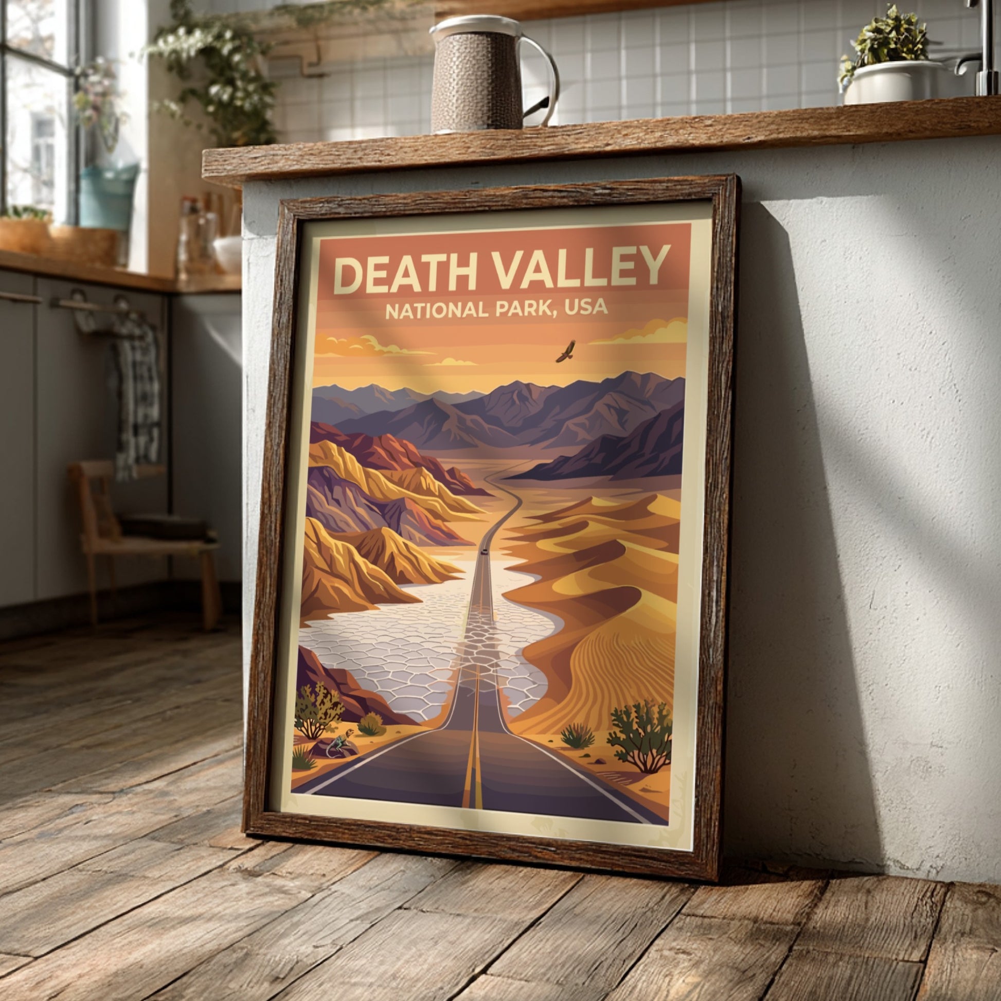 Travel poster of Death Valley National Park featuring a desert road and mountains.
