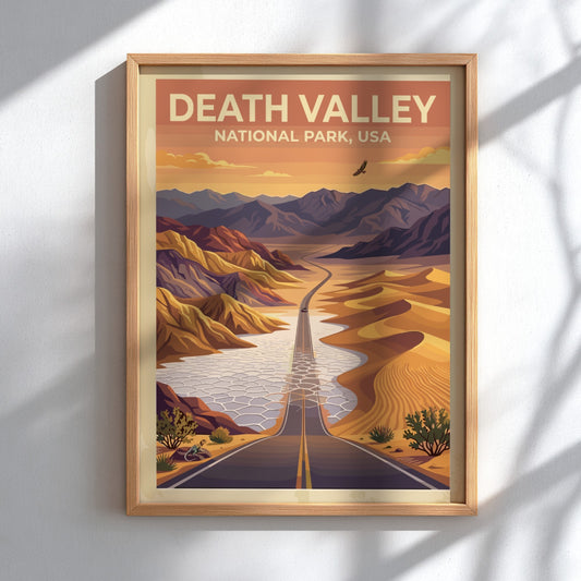 Travel poster of Death Valley National Park featuring a desert road and mountains.